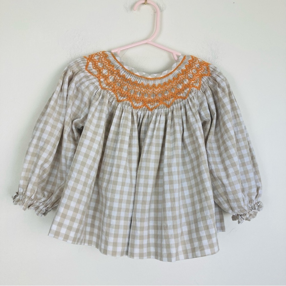 Bella Bean tan and white plaid gathered sleeve smocked top worange embroidery 2